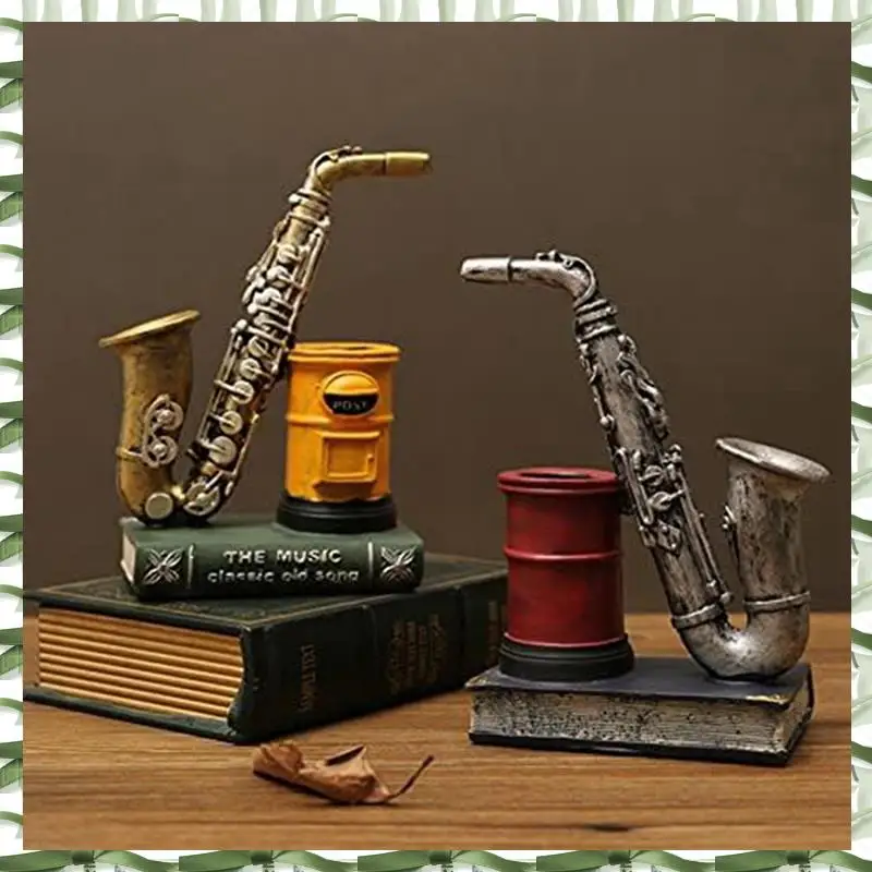 Saxophone Resin Waterproof Pencil Holder For Desk Makeup Brush Holder Office Supplies Resin Ornaments, Yellow 13 X 8.5 X 20Cm