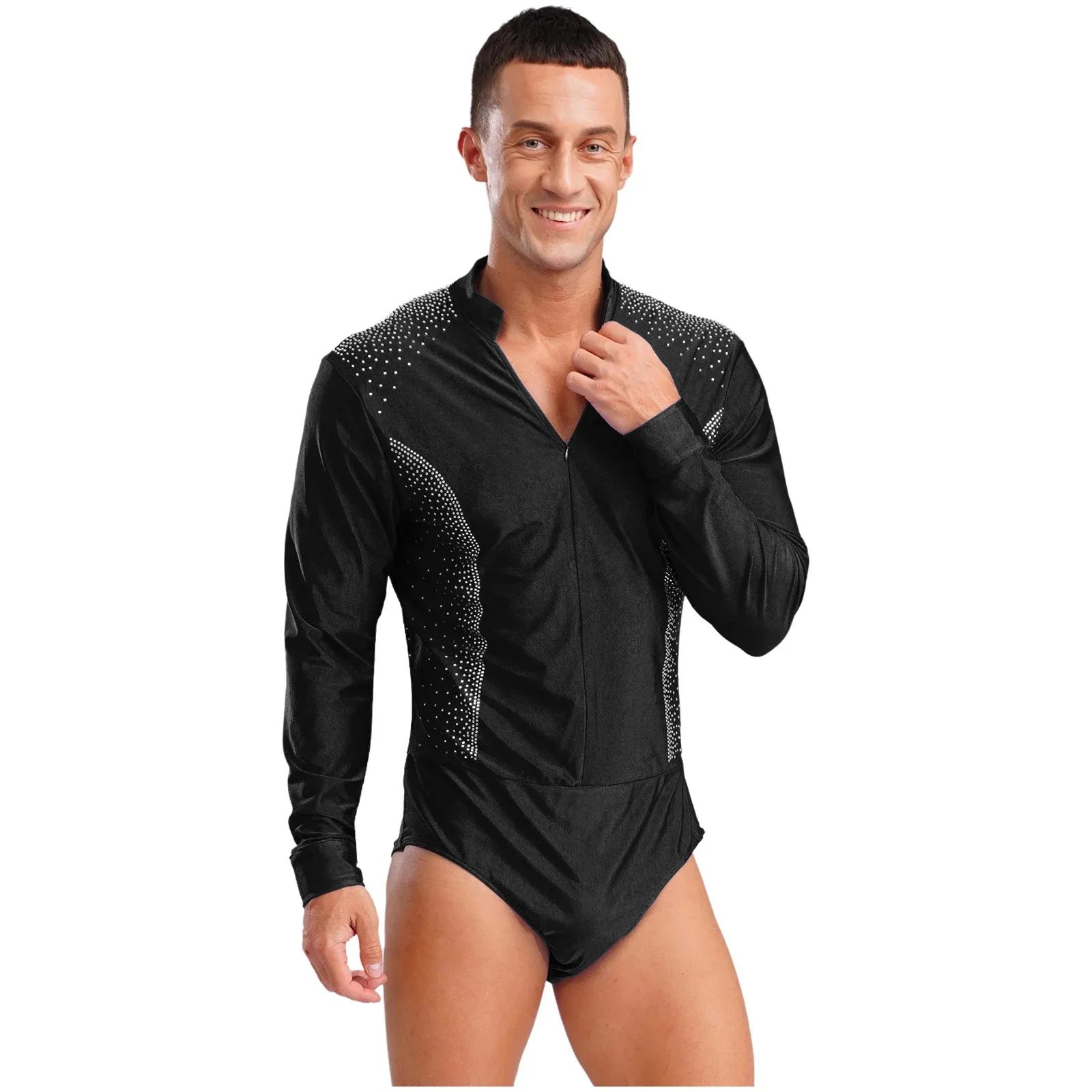 Mens Gymnastics Figure Skating Latin Dance Bodysuit Tango Performance Costume V-neck Long Sleeve Sparkling Rhinestones Leotard