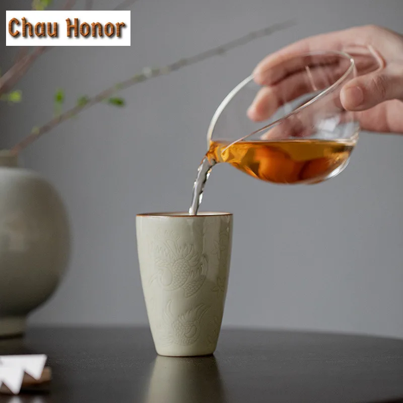 90ml Boutique Honey Glaze Ceramic Tea Cup Embossed Crane Art Smelling Cup Large Personal Master Cup Meditation Cup Kung Futeaset