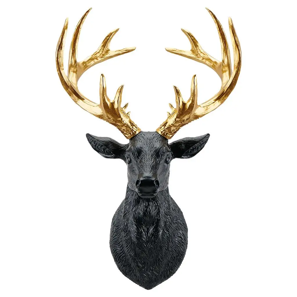 Faux Deer Head Antlers Statue Figurines Sculpture Wall Mount Bust Art Resin
