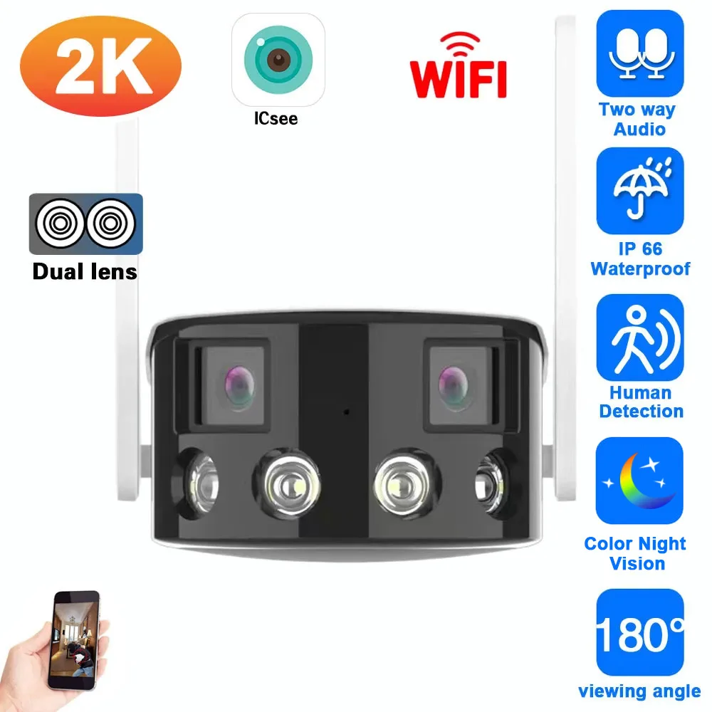 

2K Dual Lens Panoramic Fixed Camera 180° Wide Viewing Angle Wifi Security Surveillance Camera 4MP Color Night Vision CCTV IP Cam
