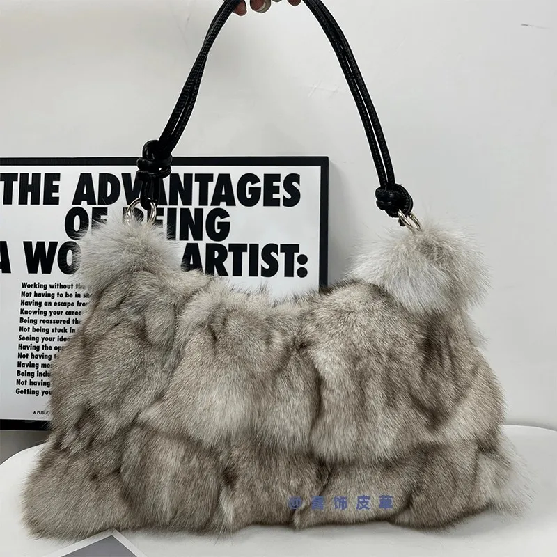 Ladies Genuine Fox Fur Handbag Single Mesenger Bags Women Natural Fox Fur Tote Bag For Woman Winter Fuzzy Fluffy Shoulder Bags