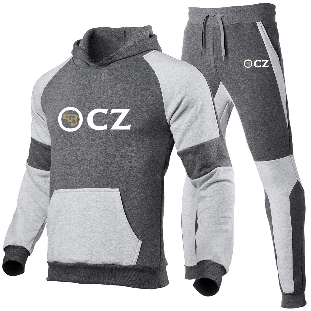 2023 Spring Autumn Men's CZ Ceska Zbrojovka Czech Firearms Logo Printed Patchwork Hooded Pullover+Drawstring Sports Trousers Set