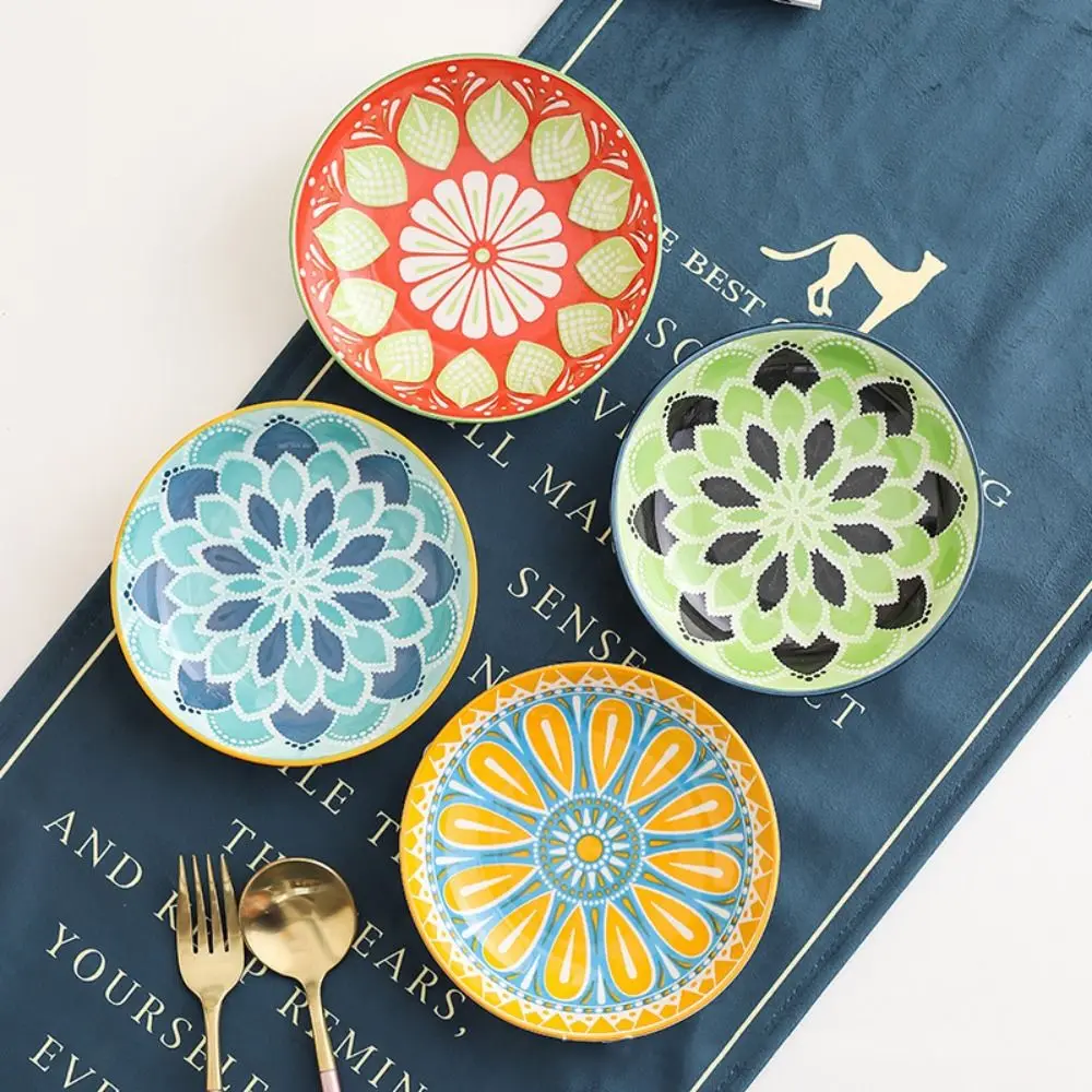 

2Pcs 5.75 Inch Flat Dinner Plates Dinnerware Ceramic Tableware Salad Plate Shallow Bones Bohemian Style Cat Bowls Cat Food