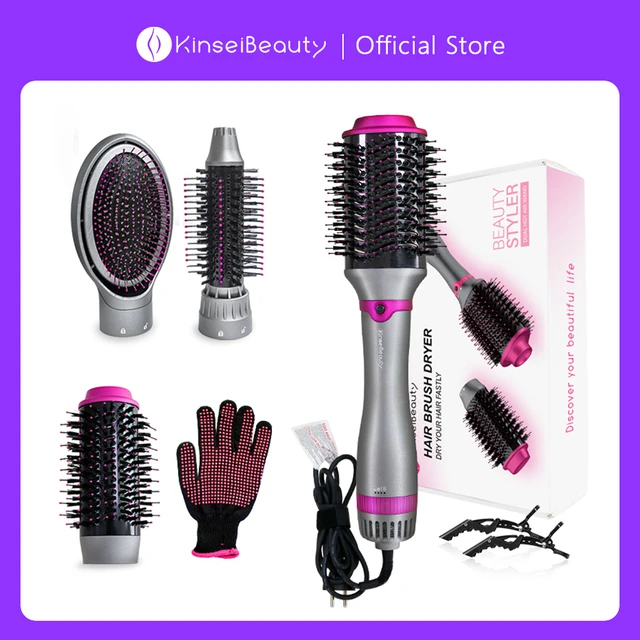 5-in-1 Electric Hair Dryer Brush - Negative Ionic Hair Styler with  Detachable Brush Heads - Blow Dryer Brush for Straightening and Automatic  Curling Styling, Color: Pink 