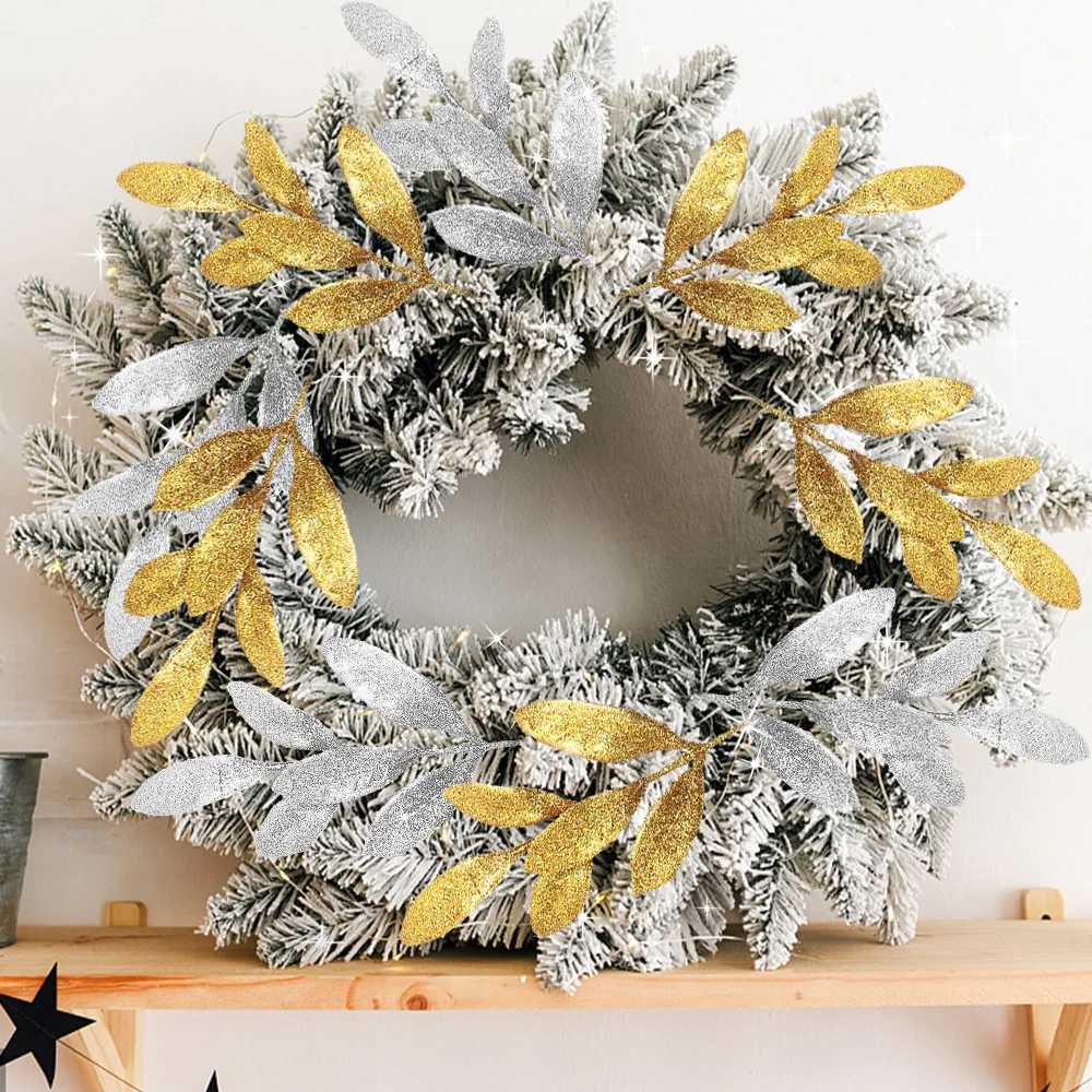 Glitter Gold Silver Leaves Christmas Tree Decoration Artificial Plants Leaves New Year Gift Christmas Party Decoration 10/1Pcs
