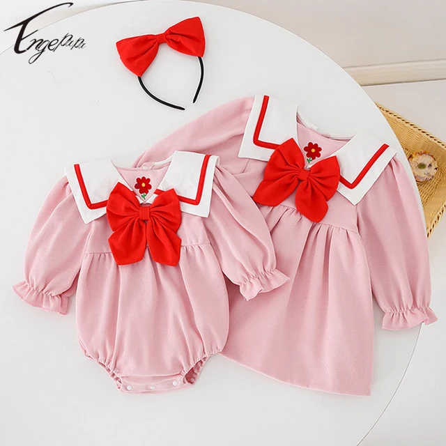 Kids Girls Sister Clothes Girls Long Sleeves Floral Princess Dresses Infant Baby Rompers+Hair Band Spring Autumn Clothes