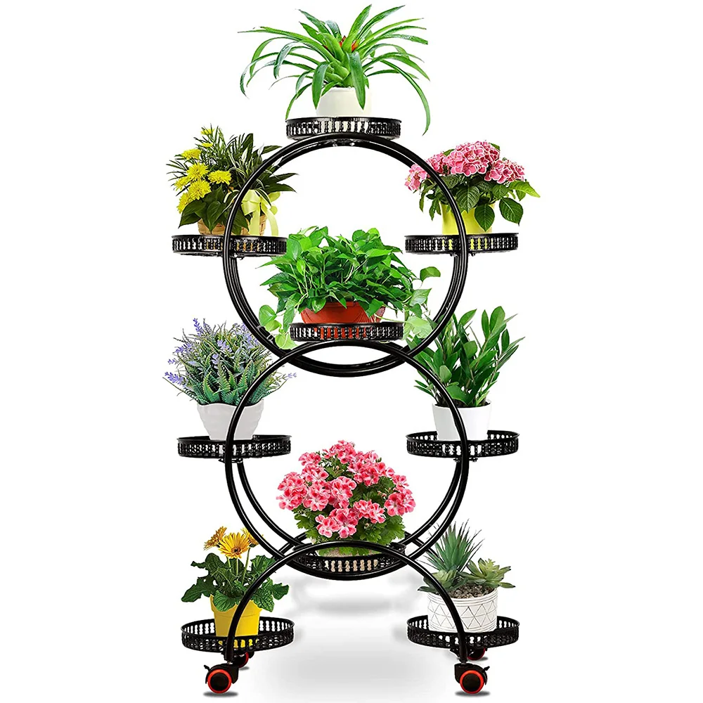 6 Tiered Black Metal Flower Stand with WheelsTall Planter Stand for Patio Garden Living Room Corner Balcony