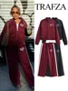 TRAFZA Women's Pant 2-Piece Set Female Fashion Versatile Printed Velvet Zip Jacket+Commuting Elastic Waist Belted Casual Pants 1