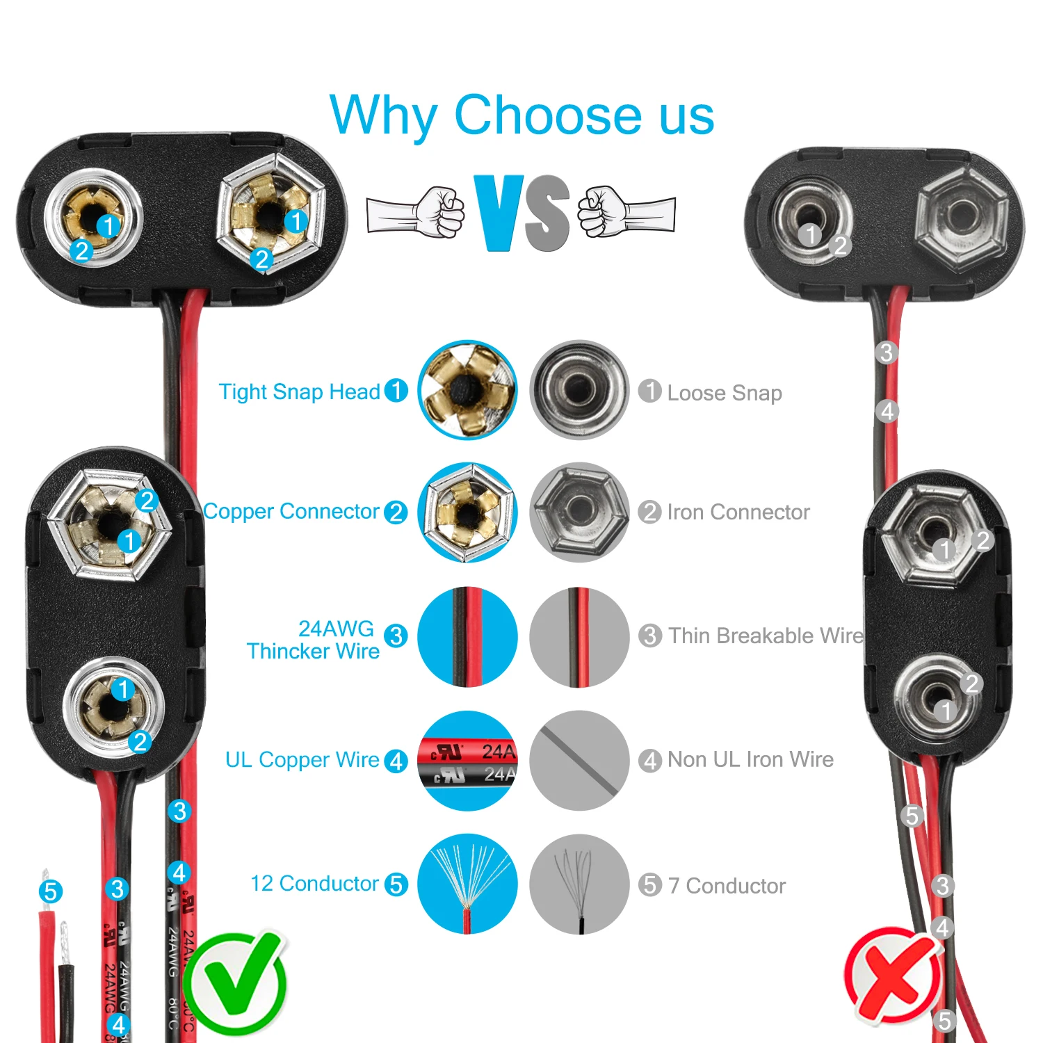 10/20 Stück 9V Batterie Stromanschluss Snap Clip Adapter T-Typ I-Typ 9V Draht 15cm 24AWG Halter Kabel Blei Buchse Stecker Schnalle – Detail 3