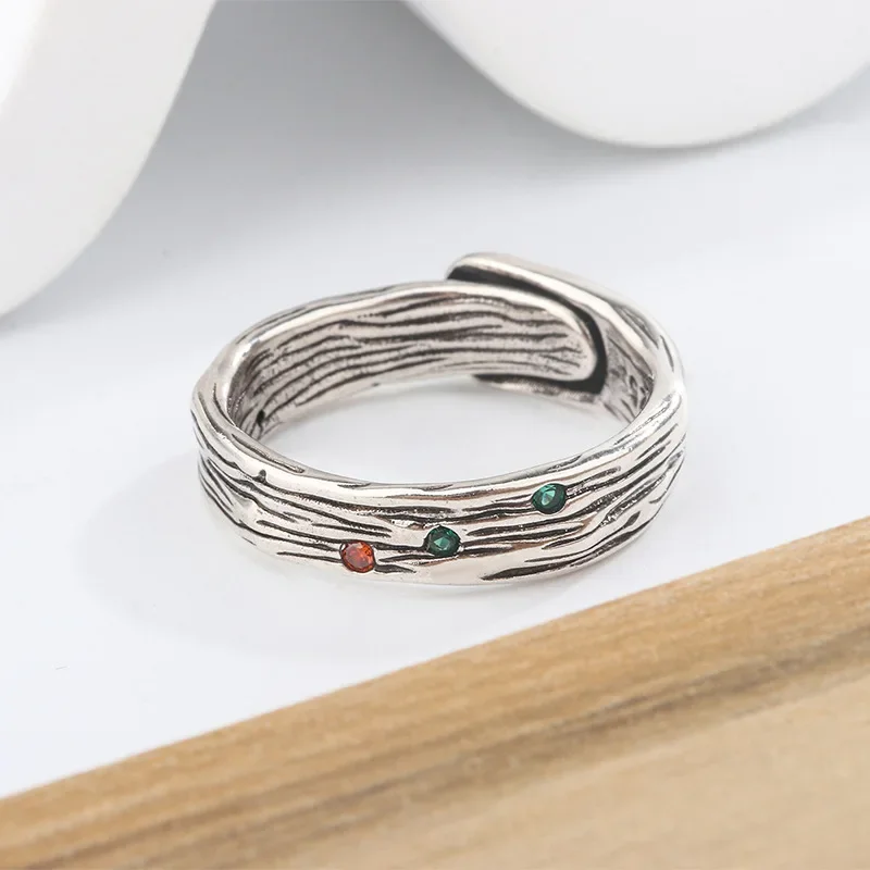 

925 Sterling Silver Colored Stone Ring for Women Girl Zircon Branch Texture Retro Punk Trend Fashion Jewelry Gift Dropshipping