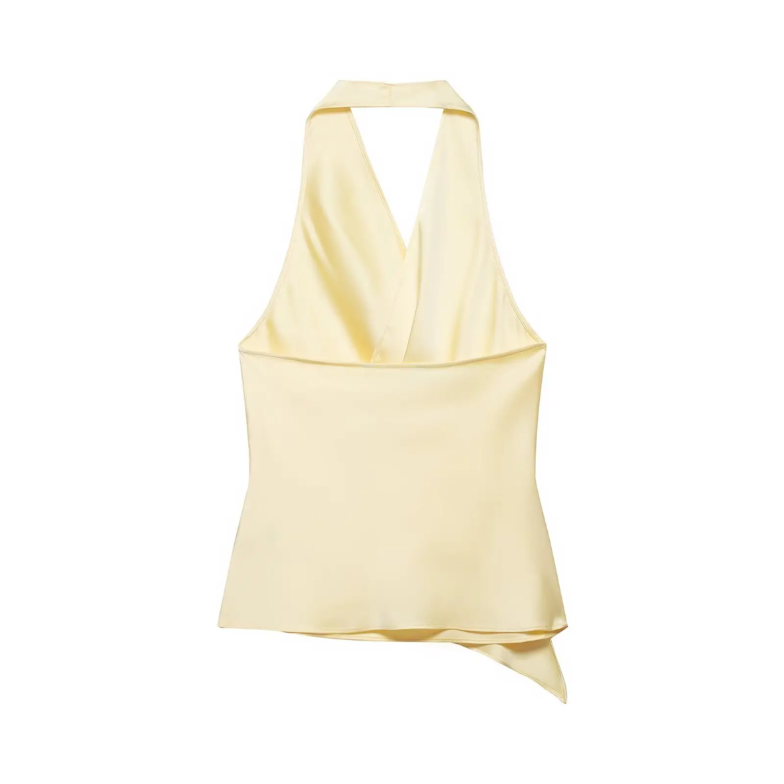HH Damen Sommer Neue Mode Einfarbiges Seiden-Satin Texturiertes Neckholder-Top Weibliches Elegantes Sexy Rückenfreies Party-Top mit Asymmetrischem Saum – Detail 4