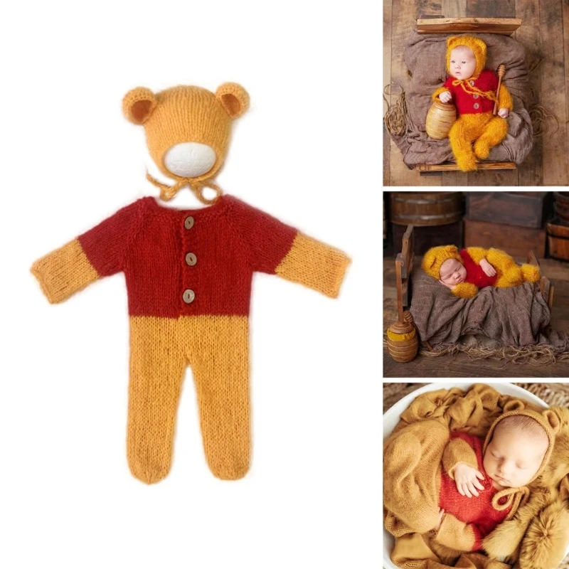 

Newborn Bear Ear Photography Set Mohair Hat & Jumpsuit Props for Baby Shoots