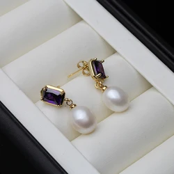 Natural Freshwater Pearl Earrings For Women,Gold Plated Drop Earrings 925 Silver Gemstone Fine Jewelry Gift