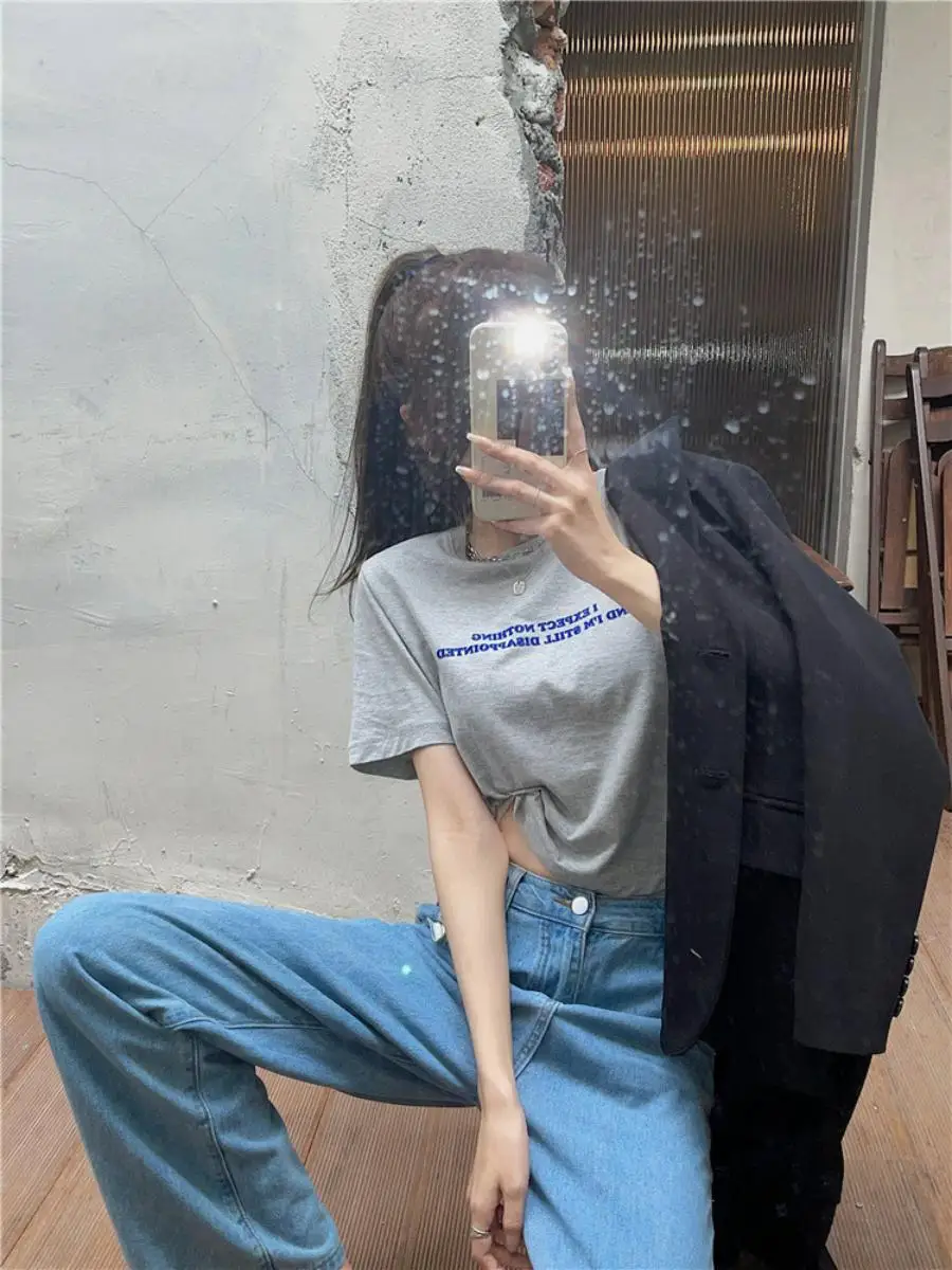 Summer  Loose ort Sve Letter Print Crop Top Women's T-irt Korean Sle Casual Commute round Ne Other Material 00%