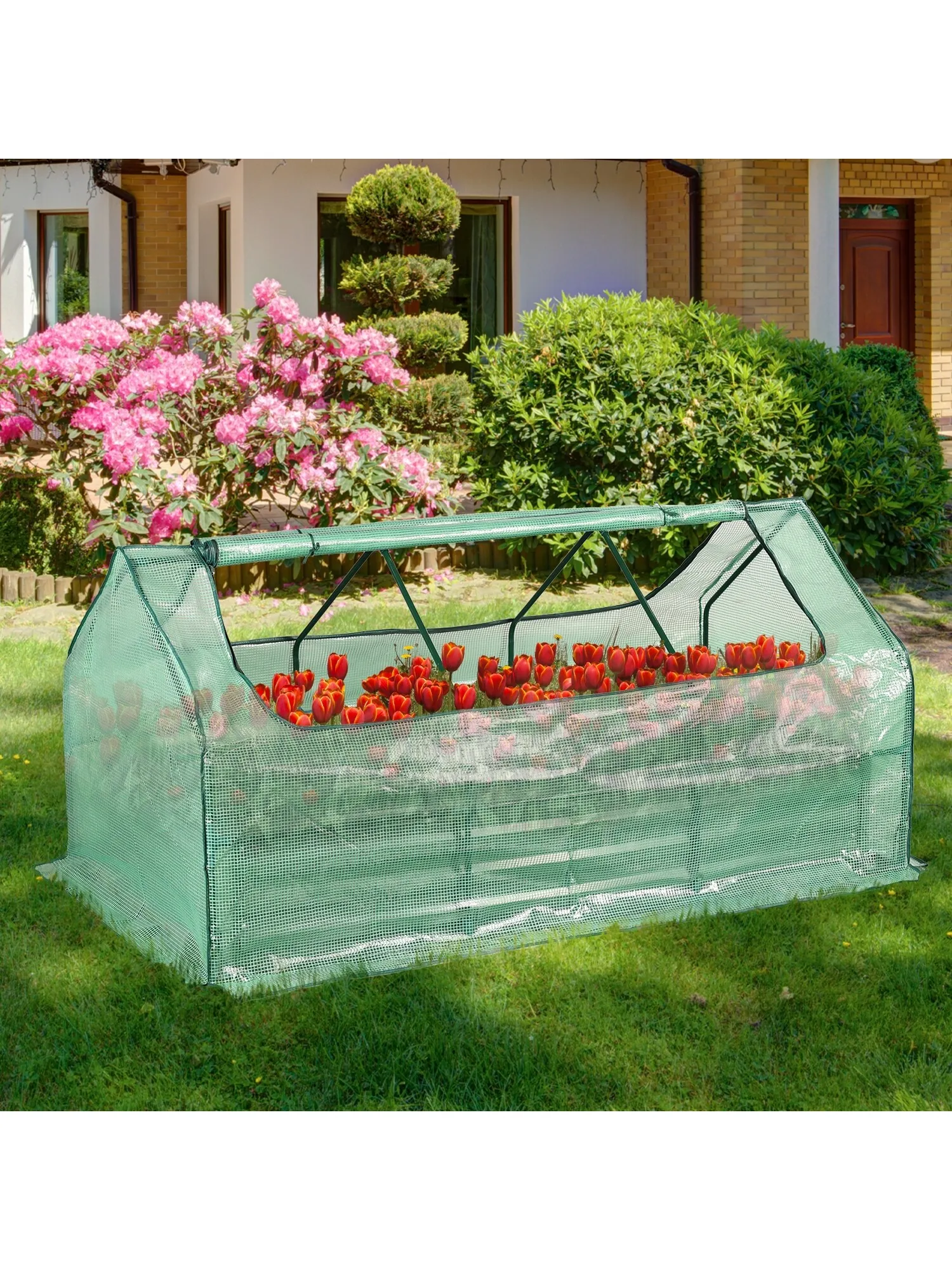 

Raised Garden Bed with Greenhouse, Reinforced Galvanized Steel Planter Box with Large Zipper Windows Cover