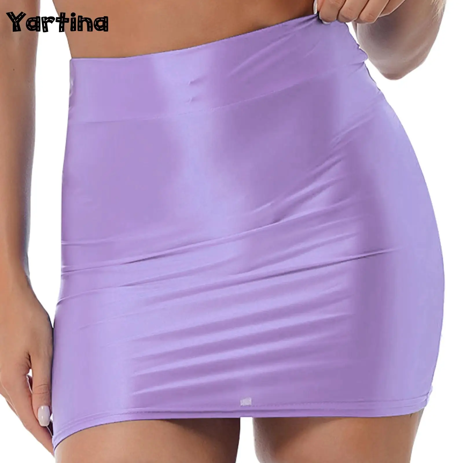 

Womens Glossy Stretch Oil Solid Color Pencil Skirt Casual High Waist Elastic Waistband Short Miniskirt Rave Party Clubwear