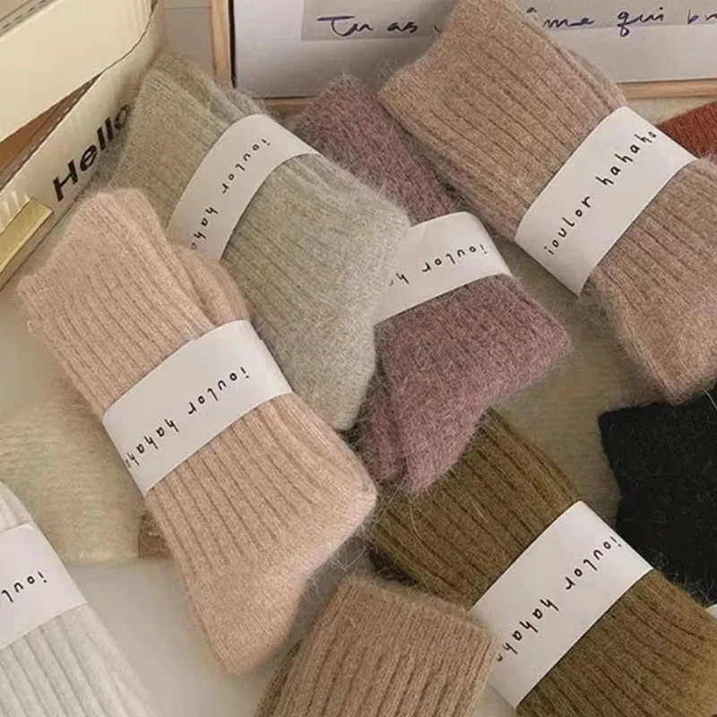 Winter Women's Cashmere Wool Socks Japanese Harajuku Style Solid Color Long Thermal Fashion Sox