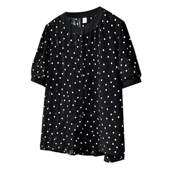 2026 Summer Plus Size Polka Dot Thin Chiffon Blouse Round Neck Short Sleeve Slim Daily Shirt Curvy Ladies 560