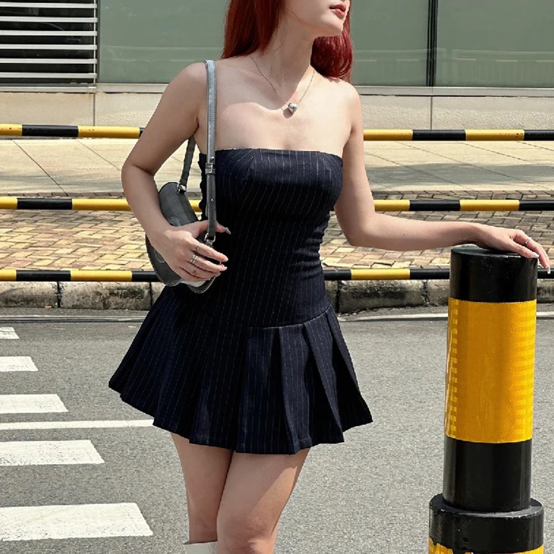 Strapless Mini Dress y2k Aesthetic Clothes Women Striped Pleated A Line Dress 2000s Cocktail Party Dresses Streetwear
