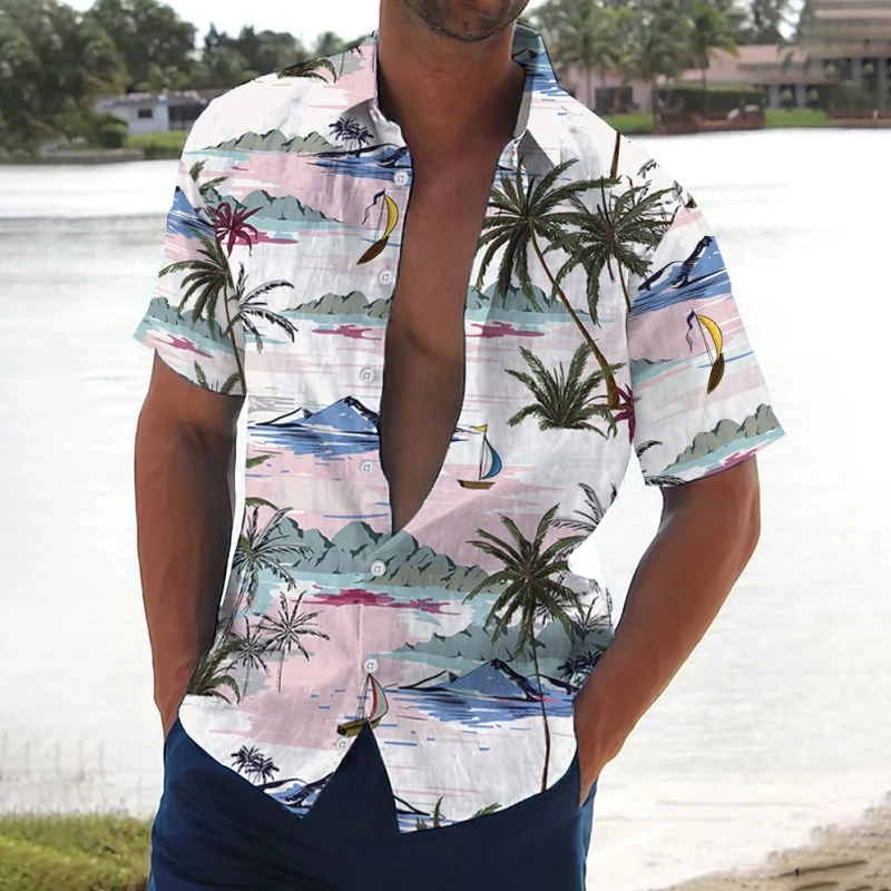 thumbnail image 1 of Camisa retro para hombre 2024, camisas de manga corta con estampado de árbol de coco, ropa informal de playa para hombre, camisas hawaianas holgadas de gran tamaño para hombre, 1 of 5