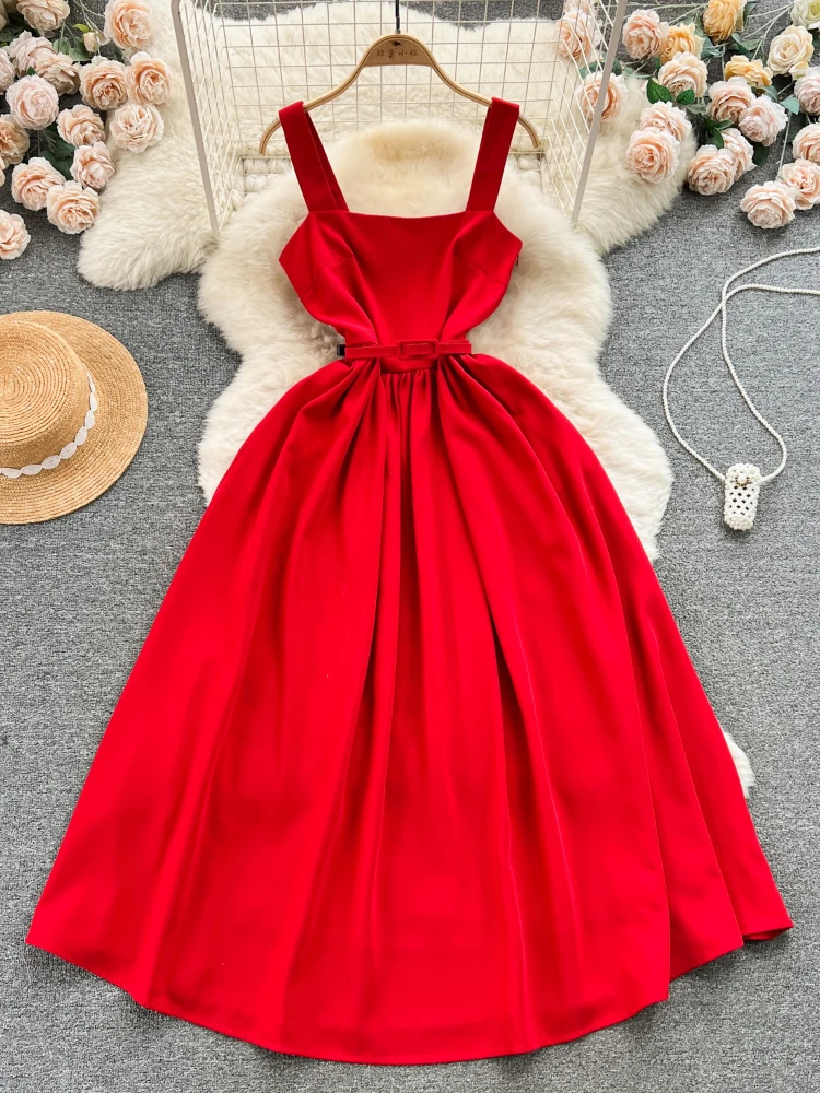 

Women Sexy Elegant Red A-line Dress Summer Sleeveless Suspender New French Square Neck High Waist Midi Party Vacation Robe