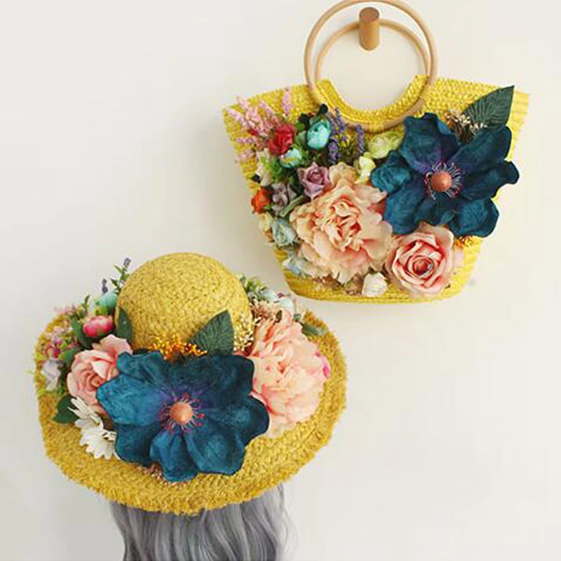 

Straw Bags for Women Summer Beach Bags Handmade Woven Tote Bag with Sun Hat Flowers Straw Hand Bag Larger Flower Shopping Bag