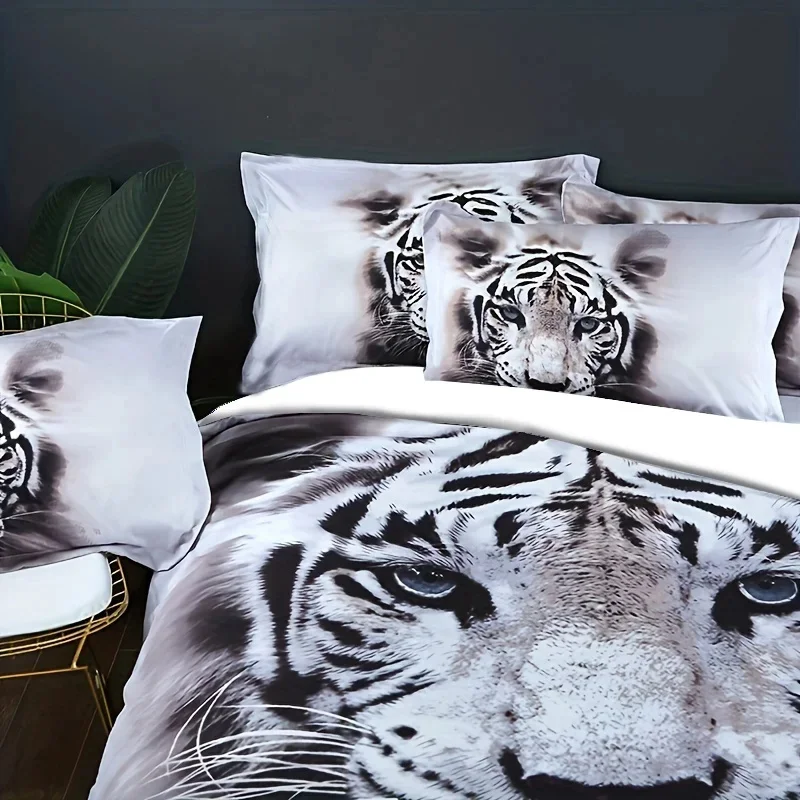 3-Piece White Tiger Bedding Set - Vibrant HD Printed Duvet Cover & Pillowcases, Soft & Cozy - Perfect for Bedroom, Guest Room
