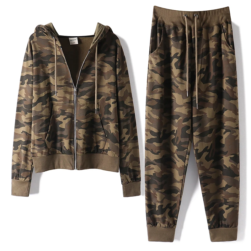 

Spring Autumn New Femme Women Hooded Camouflage Zipper Sweatshirt Suit + Loose Casual Pants Two Piece Set Ladies Outfits H1311