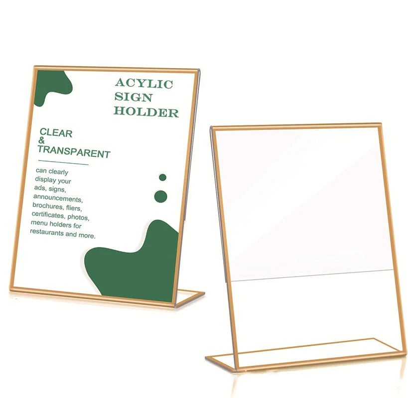 

Acrylic Sign Holder with Gold Borders,Picture Frame Display Holder Vertical Slant Table Menu Stand for Wedding Office Restaurant