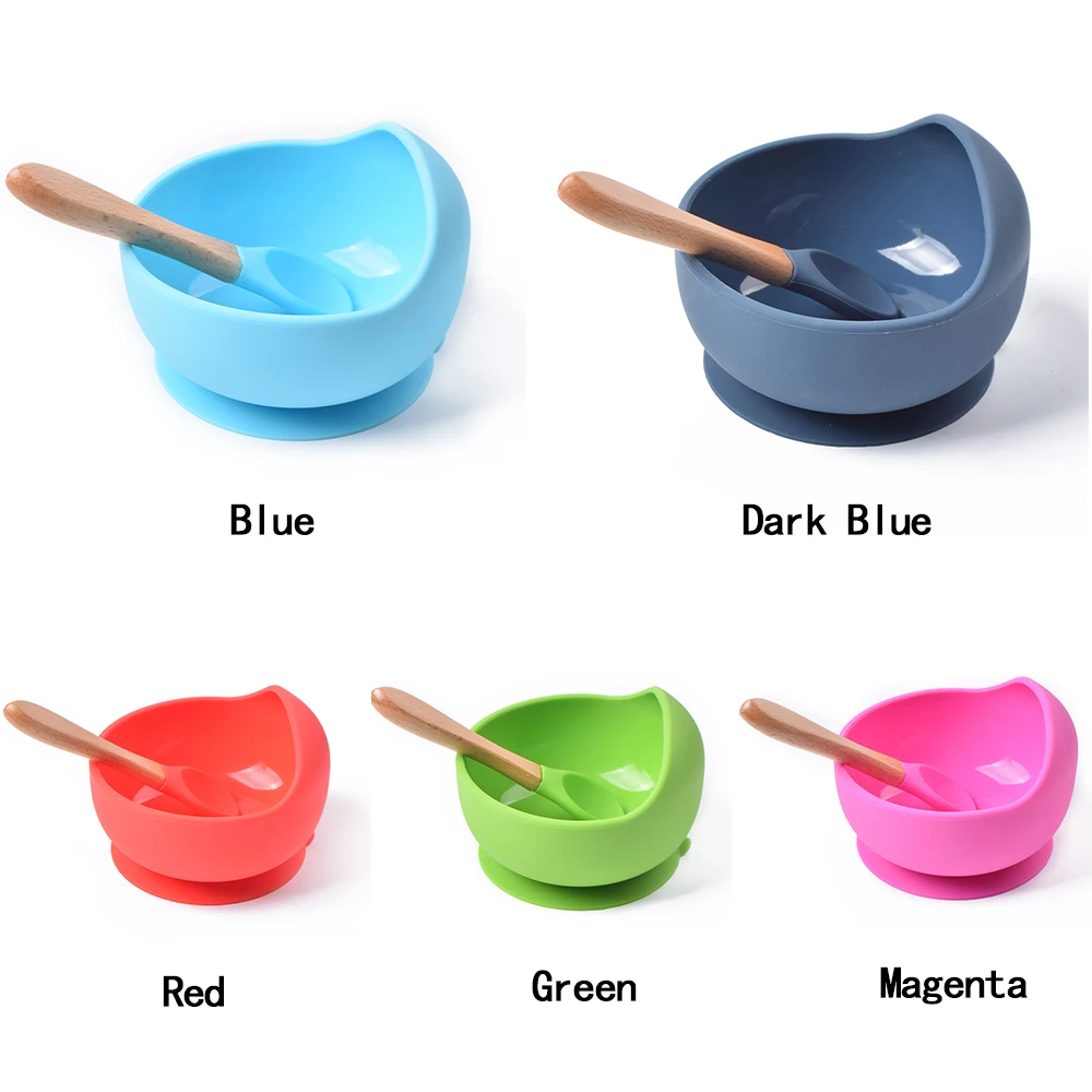 Baby Silicone Bowl Set BPA Free Non-slip Children's Suction Bowl Wooden Handle Silicone Spoon Food Grade Waterproof Tableware