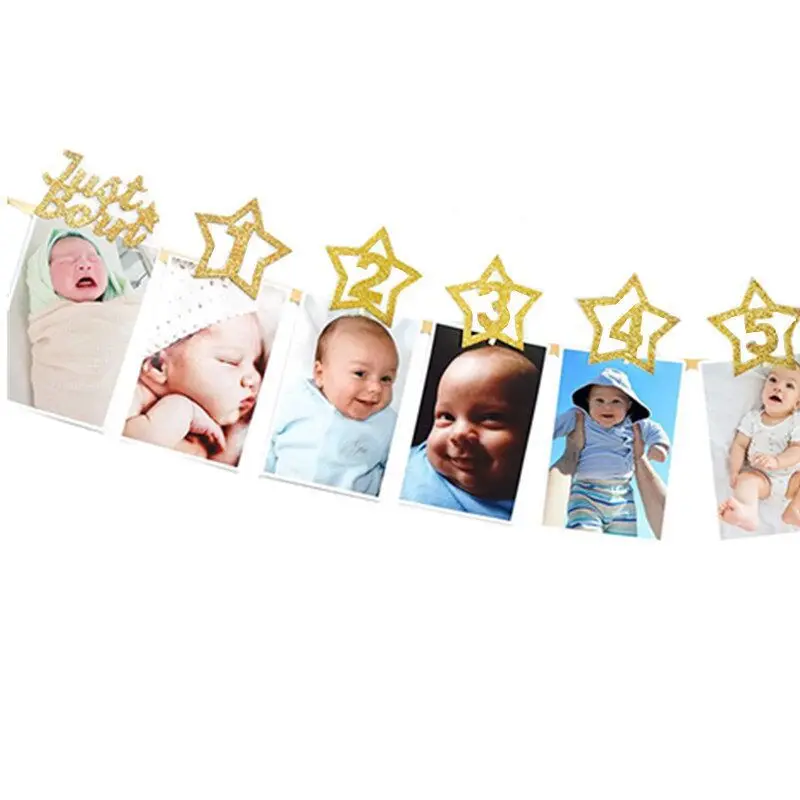 Party Decorations 12 Months Photo Frame Banner First Happy Birthday 1st Baby Boy Girl One Year Birthday Supplies