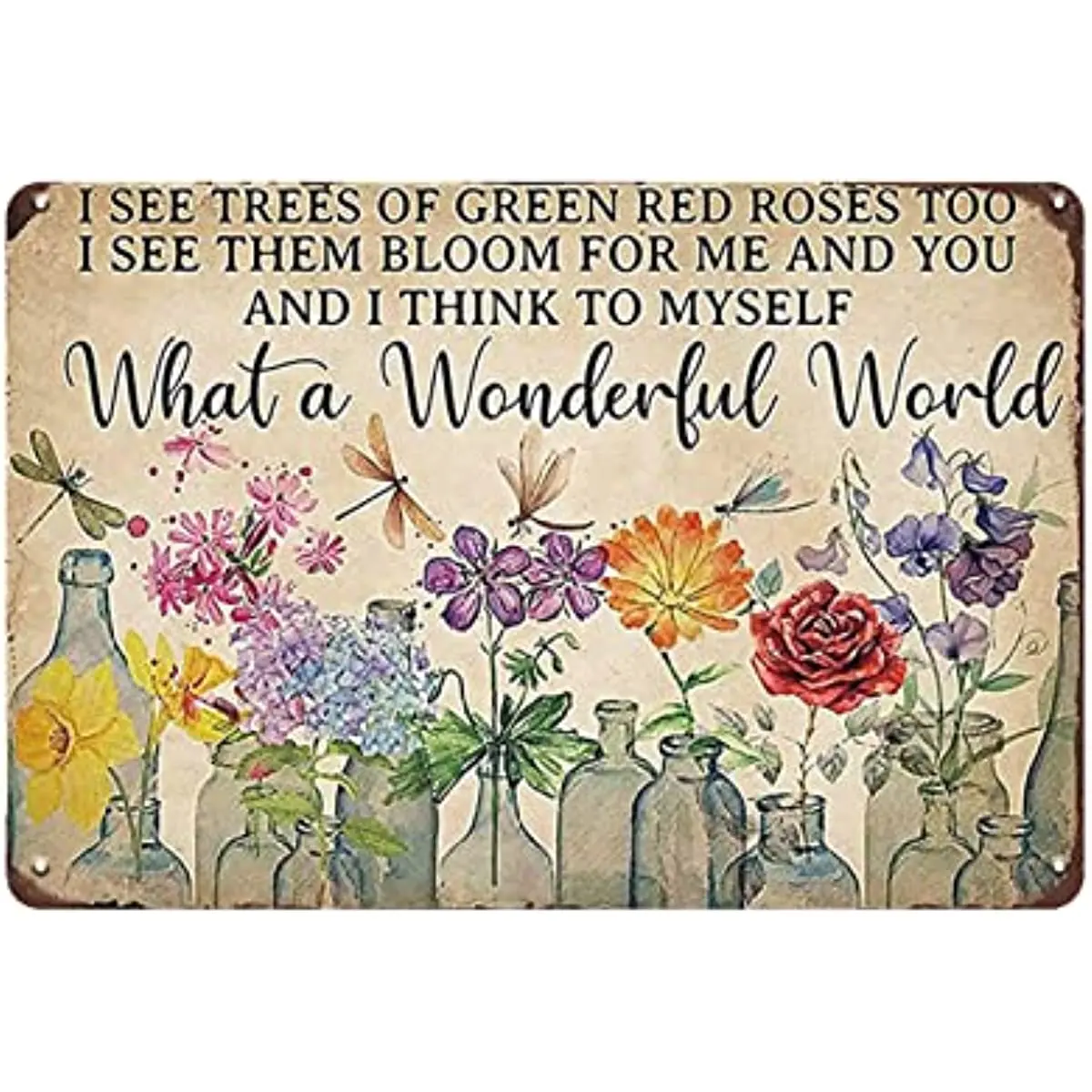 

New Metal Tin Sign Vintage Dragonfly Flowers What Wonderful World I See Trees Green Red Roses Too Funny Flowers for Home