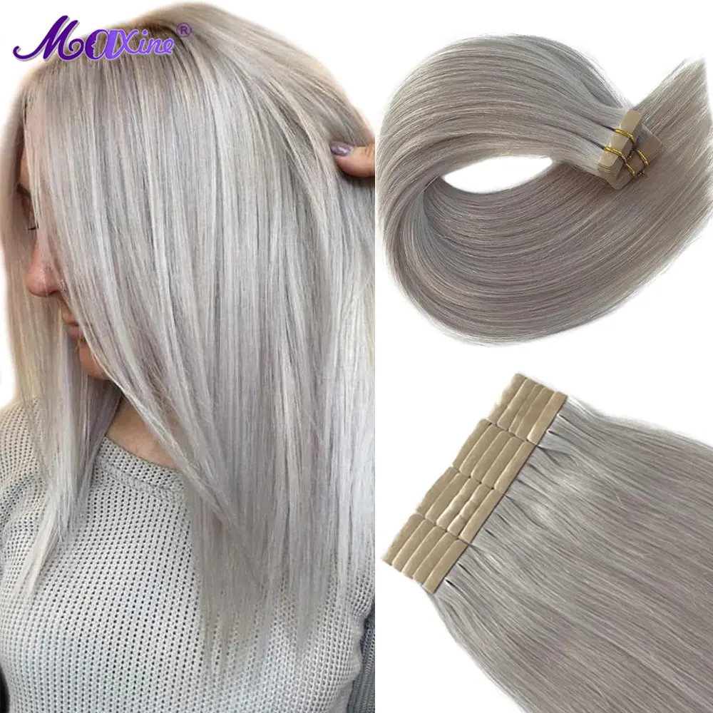 

Tape in Hair Extensions Platinum Silver Real Human Hair 24 Inch Long Straight Thick Ends Platinum Mixed Silver Tape in Extension