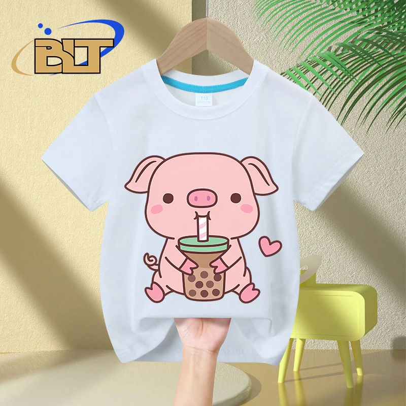 

Cute Little Pig Loves Bubble Milk Tea printed kids T-shirt summer pure cotton short-sleeved casual tops for boys and girls