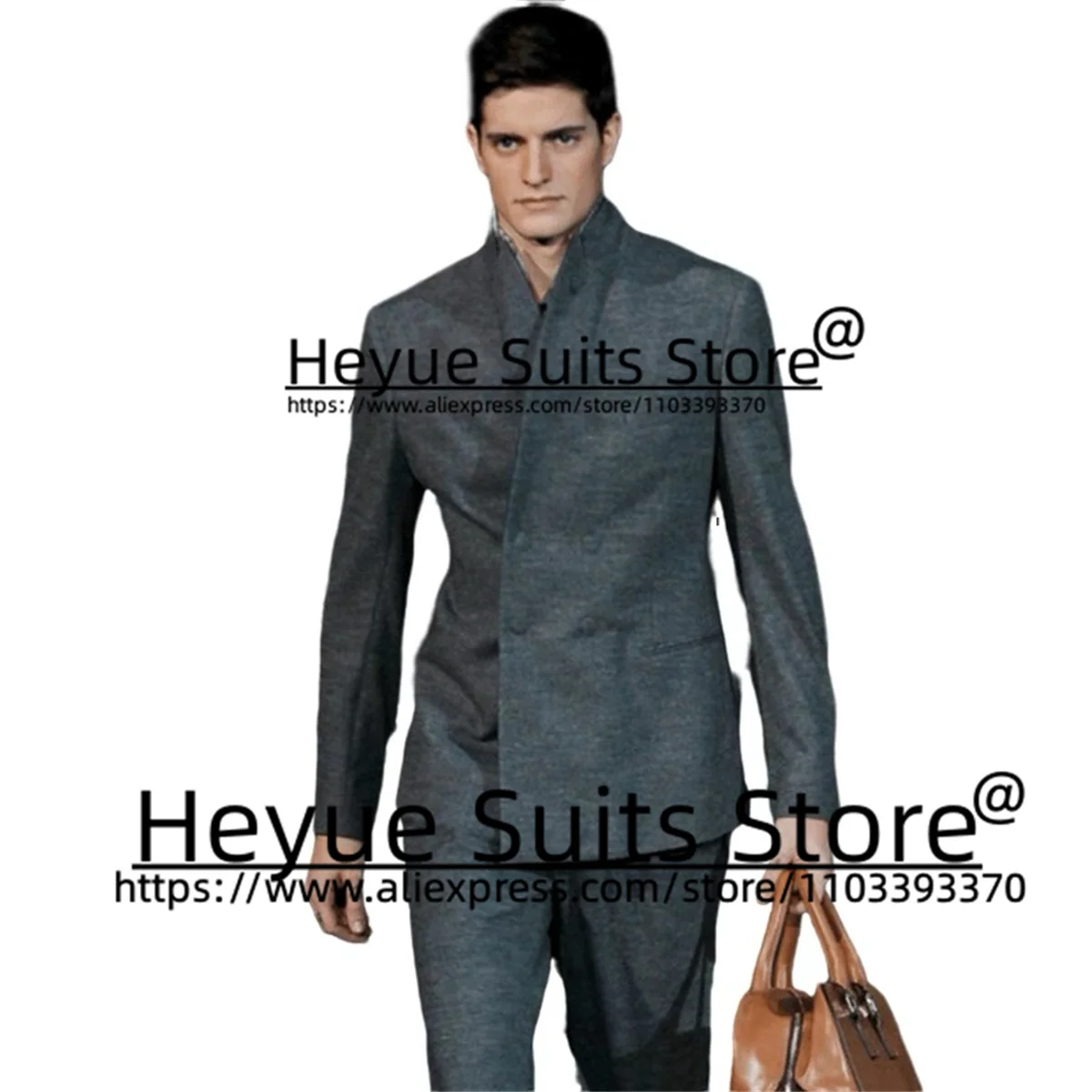 Classic Gray Stand Collar Men Suits Custome Wool Slim Fit Groom Formal Tuxedos 2 Pieces Sets Business Male Blazer Costume Homme