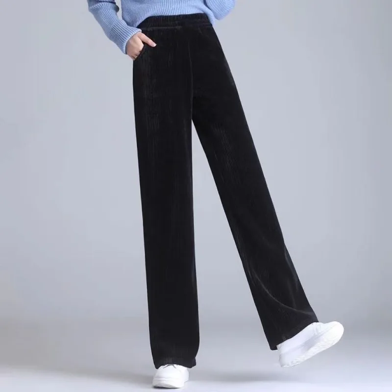 2023 Spring Autumn New Corduroy Wide Leg Pants Women High Waist Sag Thin Plus Fleece Thickened Straight Casual Long Trousers
