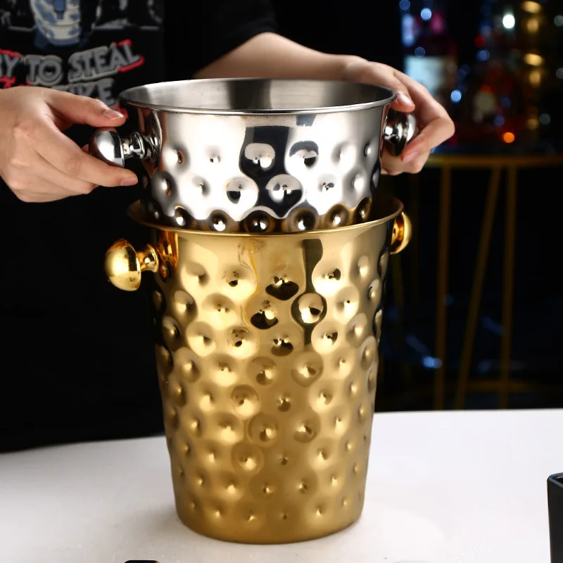 

Fashionable and Creative Ice Bucket Stainless Steel Golden Hammer Pattern Bucket Ice Red Wine Champagne Ice Wine Barrel
