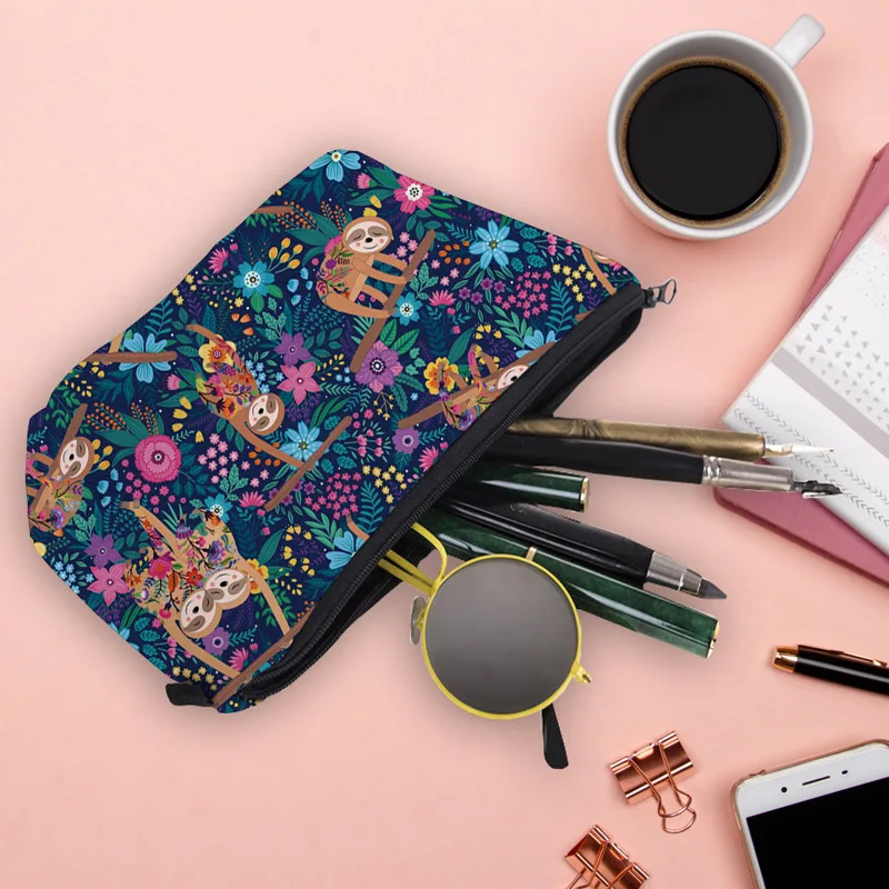 Cartoon Sloth Flower Print Portable Women Travel Storage Bag Toiletry Organize Cosmetic Bag Waterproof Female MakeUp Bag 3