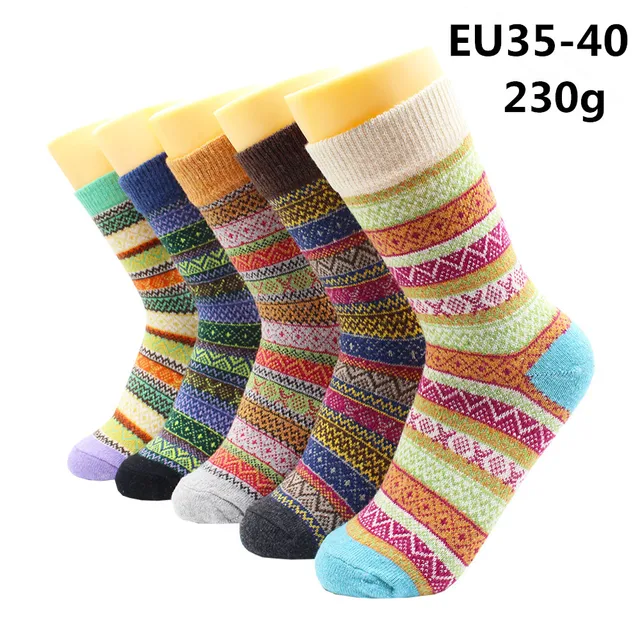5 Pairs Winter Warmer Women Thicken Thermal Wool Cashmere Snow Socks Fashion Casual Euramerican National Wool Socks for Women 5 Pairs -YM002