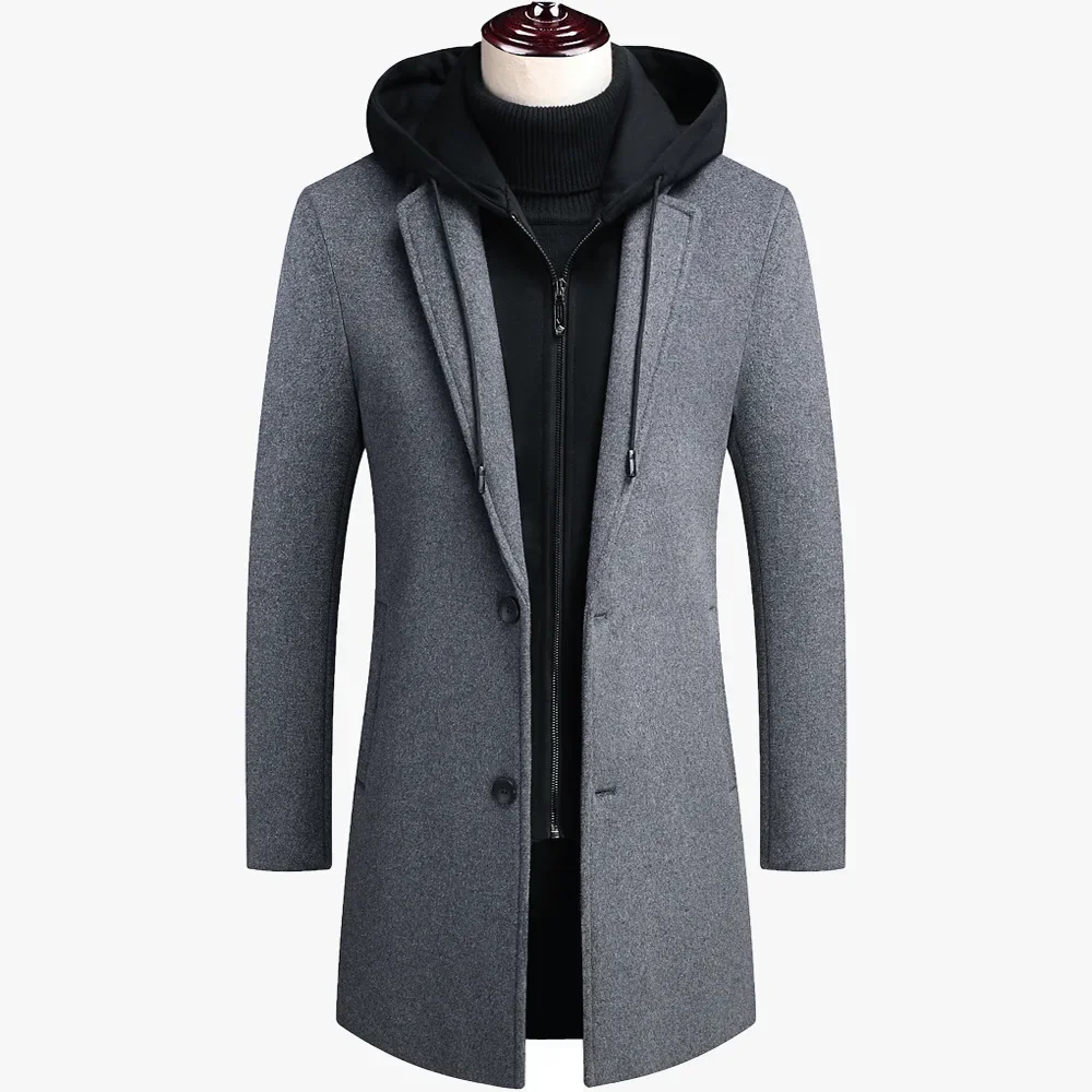 

New Men's Business Casual Cashmere Coats Wool Blends Thickened Warm Hooded Windbreaker Male Winter Trench Coat Jackets Men 5XL