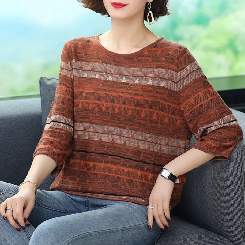 

Autumn Winter Patchwork Elegant Y2K Pullover Women Casual Three-quarter Sleeve Chic Female Clothes New All Match Loose Lady Tops