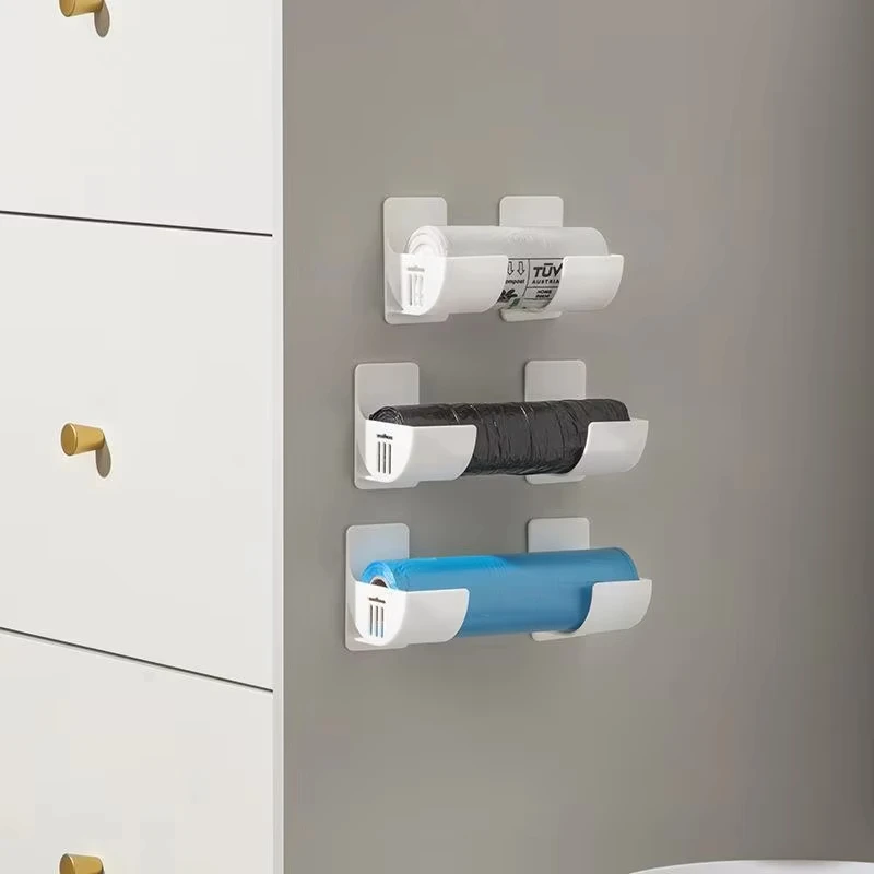 4pcs Wall Mounted Garbage Bag Holder Kitchen Bathroom Side Film Container Organizer Cling Film Garbage Bag Plastic Shelf
