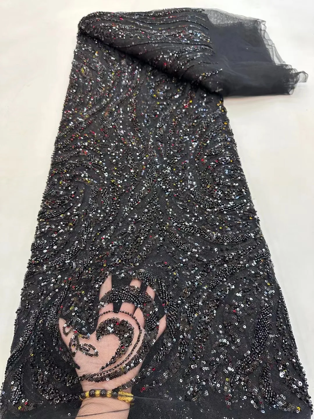 

Fashion Black Beads Sequence African Lace Fabric 5 Yards 2023 High Quality French Tulle Sequins Nigerian Wedding Lace Fabrics