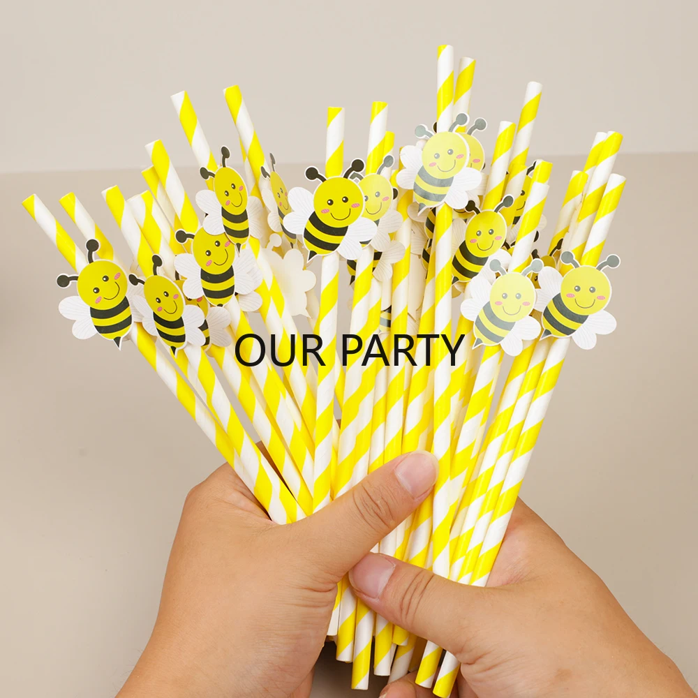 30Pcs Cartoon Biene Thema Papier Strohhalme Bar Trinkhalm Einweg Geschirr für Kinder Geburtstag Baby Dusche Hochzeit Party Decor