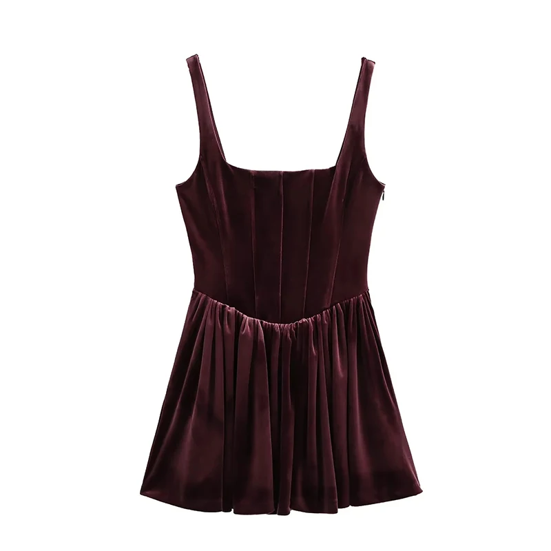 Fashion Velvet Sling Mini Dress Women Square Collar Sleeveless Backless A-line Zipper Party Dresses Elegant Lady Vestidos