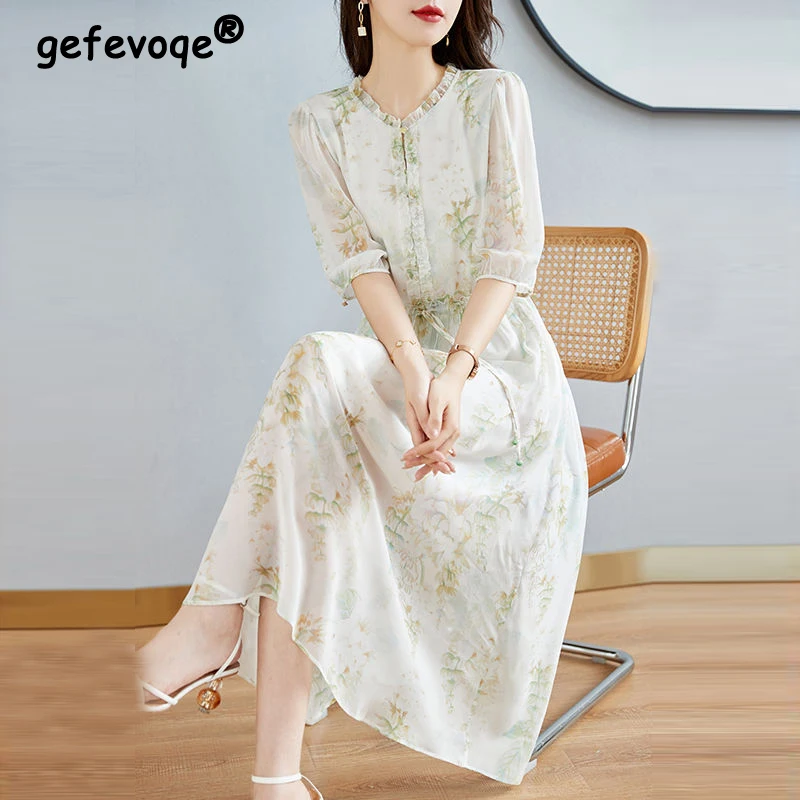 여성 프릴 레이스 업 플로럴 프린트 슬림 미디 드레스, 반팔 우아한 드레스, 시크한 파티 로브, 여름 트렌디