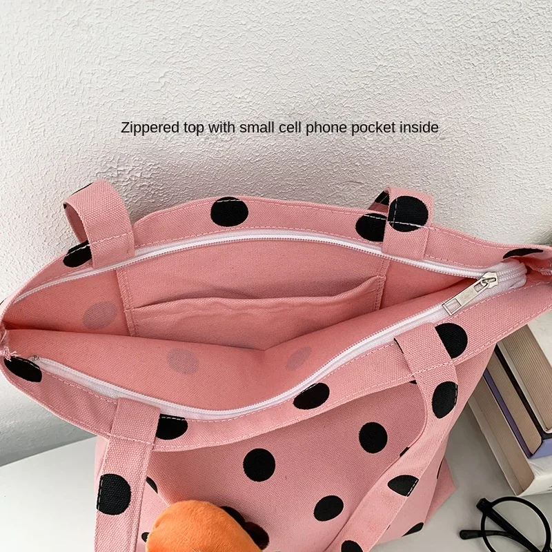 Pink Canvas Bag Women's Shoulder Polka Dot Simple Versatile Large Capacity Student Shopping Bag