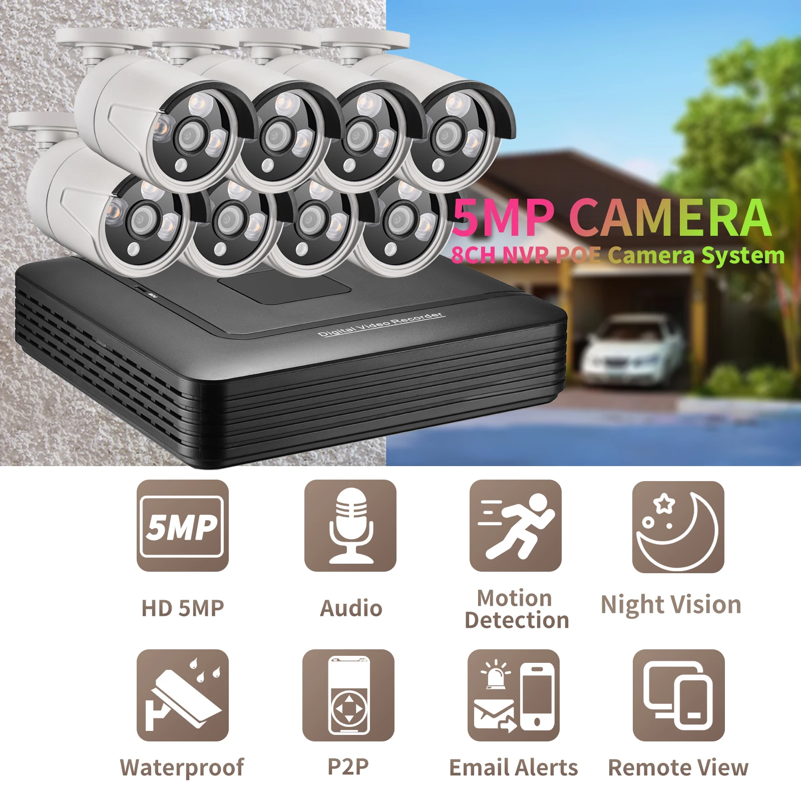 Gadinan 5MP 비디오 감시 세트 H.265+ NVR IP65 방수 녹화 스마트 IP 카메라 모션 감지 보안 카메라 시스템
