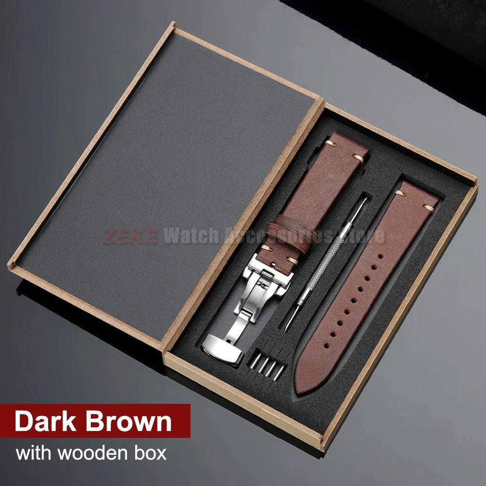 Elegant Genuine Leather Watch Band with Wooden Box & Butterfly Clasp Bracelet